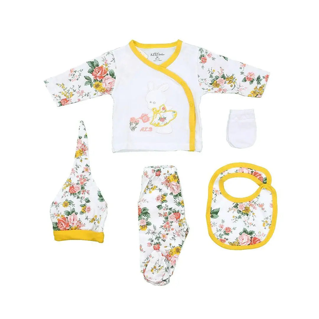 Aziz Bebe Hospital Exit Set - 5 Pieces - White and Flowers 0 month Aziz Bebe