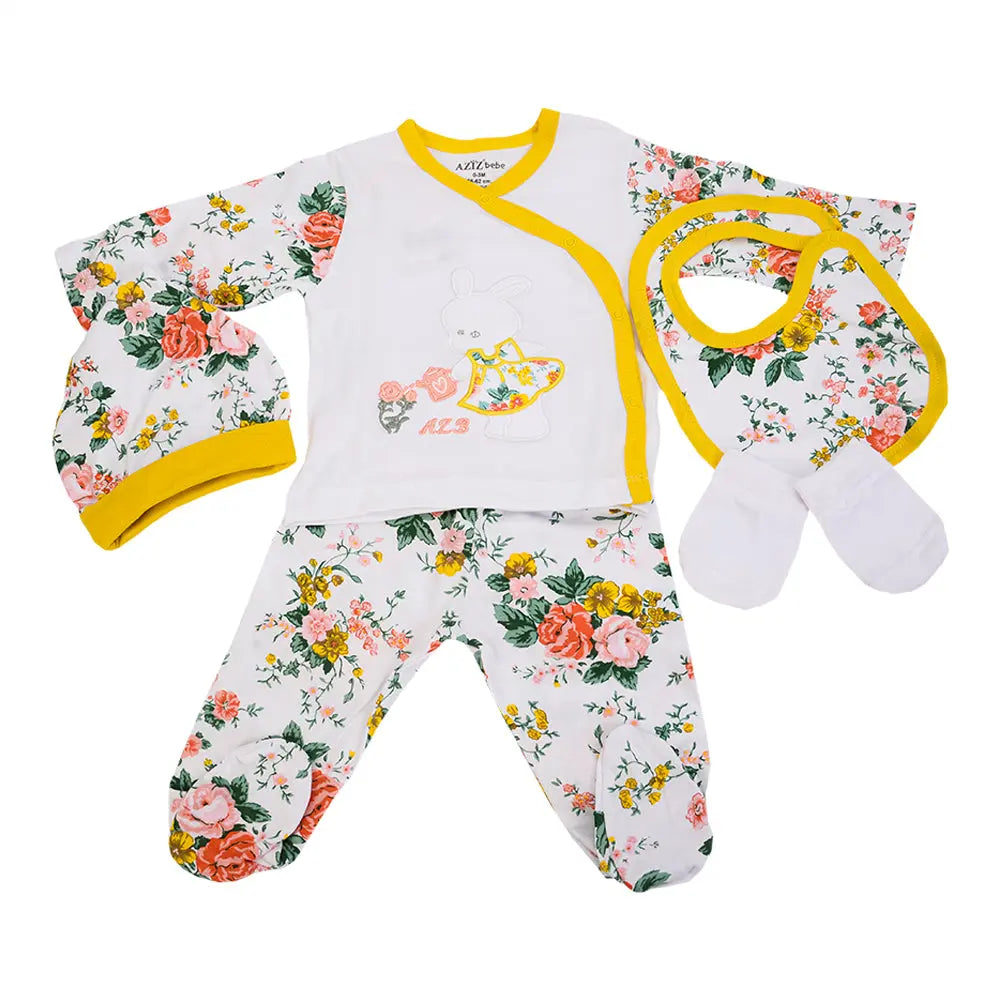 Aziz Bebe Hospital Exit Set - 5 Pieces - White and Flowers 0 month Aziz Bebe