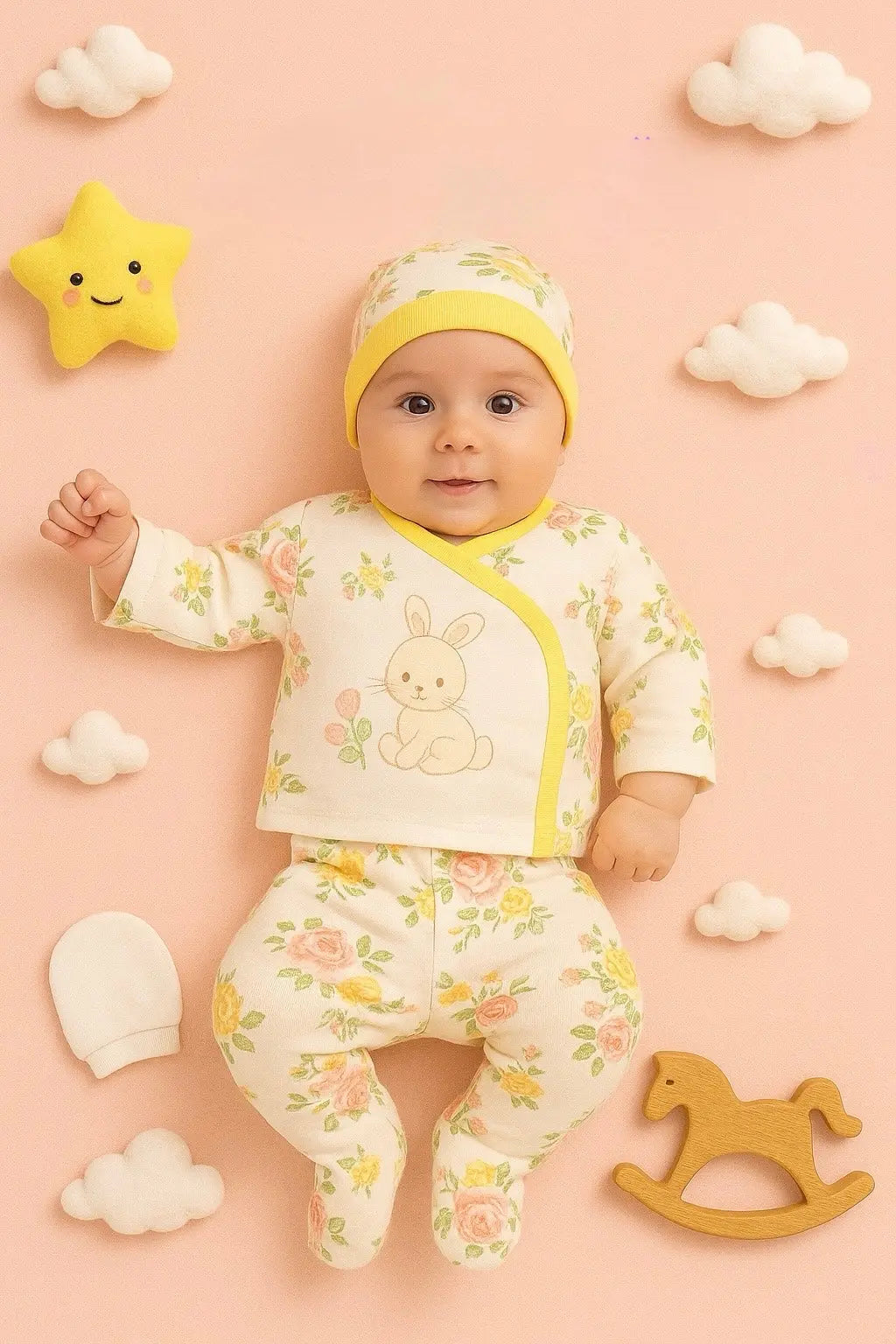 Aziz Bebe Hospital Exit Set - 5 Pieces - White and Flowers 0 month Aziz Bebe