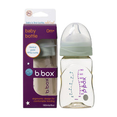 B.Box PPSU Baby Bottle Sage, Size 180ml baby bottle from B.box is made from a long lasting medical grade PPSU to maintain a high quality with regular use. It has an anti-colic silicone nipple that helps to ensure a natural feeding. Comes with a stage 1 nipple recommended for babies between 0 to 2 months.