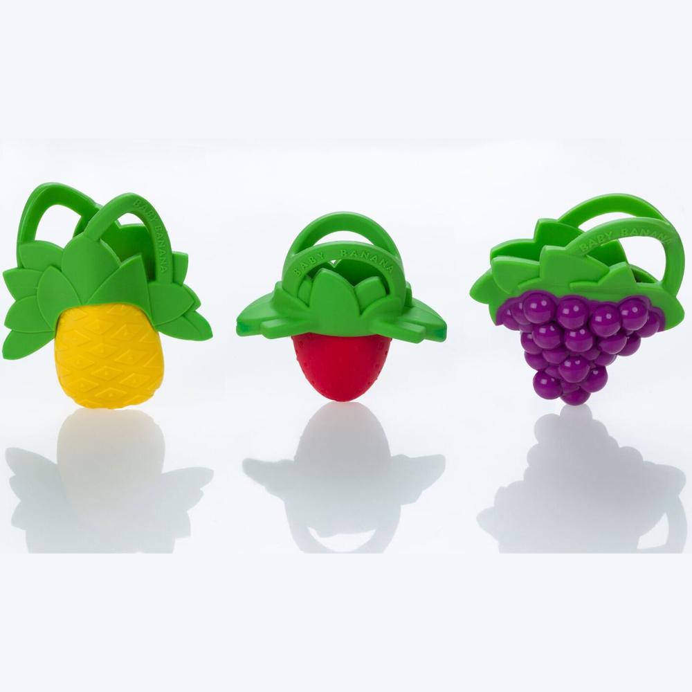 The Smoothies teethers from Baby Banana are easy to grasp. Teethers to soothe sore teething gums. Suitable for children from 0 to 36 months. Made in the USA from food grade silicone. Free from BPA, Latex and phthalate. Safe in the dishwasher and the freezer.