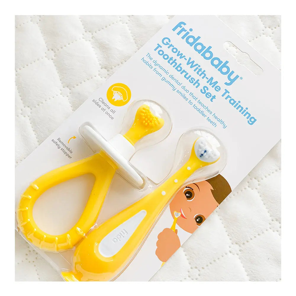 Frida Baby Grow-with-Me Training Toothbrush Set | Infant to Toddler Toothbrush - 6 Months+ - Yellow FridaBaby