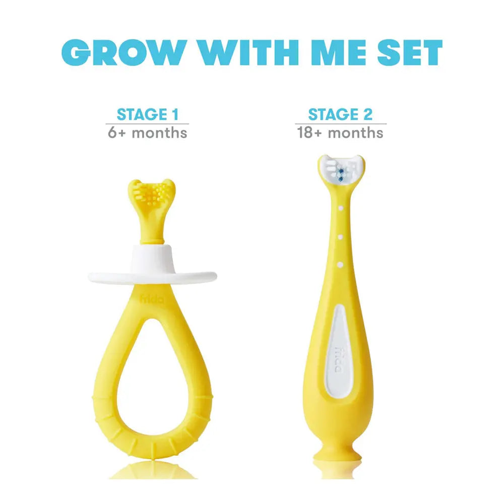 Frida Baby Grow-with-Me Training Toothbrush Set | Infant to Toddler Toothbrush - 6 Months+ - Yellow FridaBaby