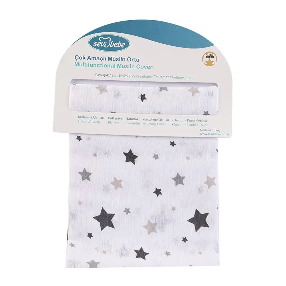 Sevi Bebe Printed Muslin Multi-Purpose Cover (2 Pcs) - Grey Star Sevi Bebe