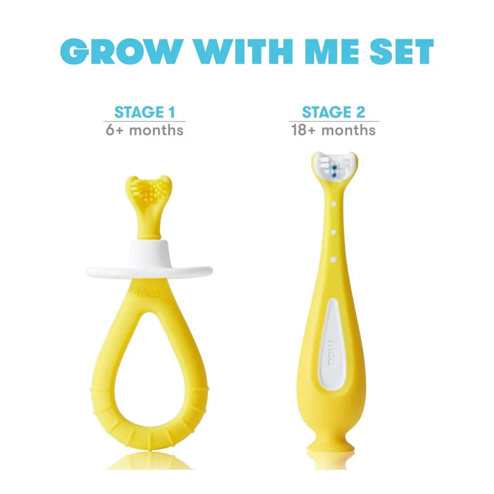 Frida Baby Grow-with-Me Training Toothbrush Set | Infant to Toddler Toothbrush - 6 Months+ - Yellow FridaBaby