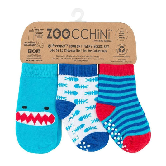 Zoocchini Baby Terry Sock Set Sherman the Shark - عبوة من 3 قطع ، مقاس 0-24 شهرًا