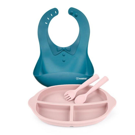 Haakaa Silicone Kids Dinnerware Set - Cobalt Bib and Blush Plate Haakaa