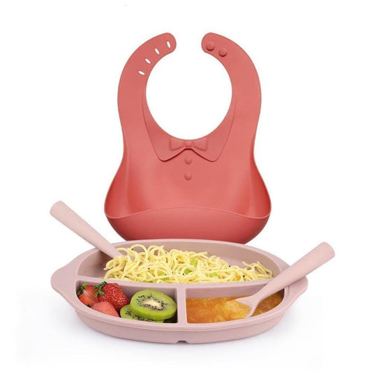 Haakaa Silicone Kids Dinnerware Set - Ruby Bib and Blush Plate