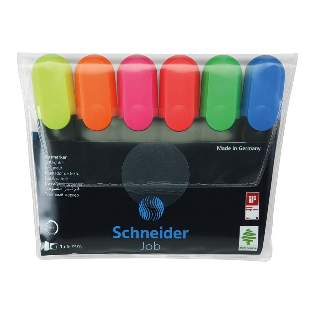 Schneider brand, pack of 6 highlighter colors. Chisel tip for line widths 1+5 mm.  Intensive colours, light-resistant ink. Cap with practical clip. Awarded the iF and reddot design award. Highlighter colors: yellow, orange, pink, red, green, blue. Made in Germany.