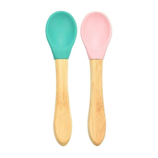 Minikoioi Bamboo handle silicone spoon- Green & Pink MiNiKOiOi