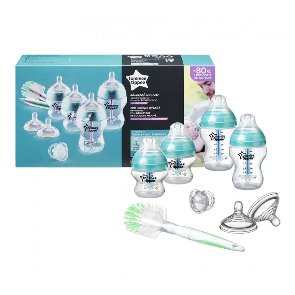 Tommee Tippee blue anti-colic starter set with four bottles, spare teats, bottle brush and soother