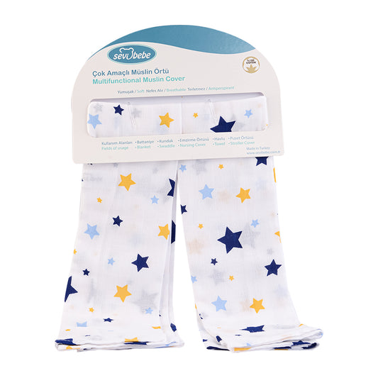 Sevi Bebe Printed Muslin Multi-Purpose Cover (2 Pcs) - Blue Star