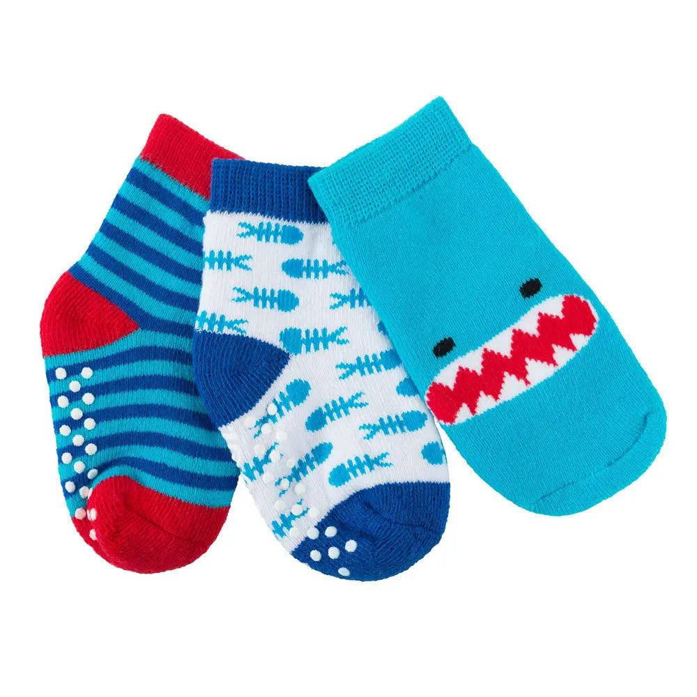 Zoocchini Baby Terry Sock set Sherman the Shark- Pack of 3, Size 0-24 Months Zoocchini