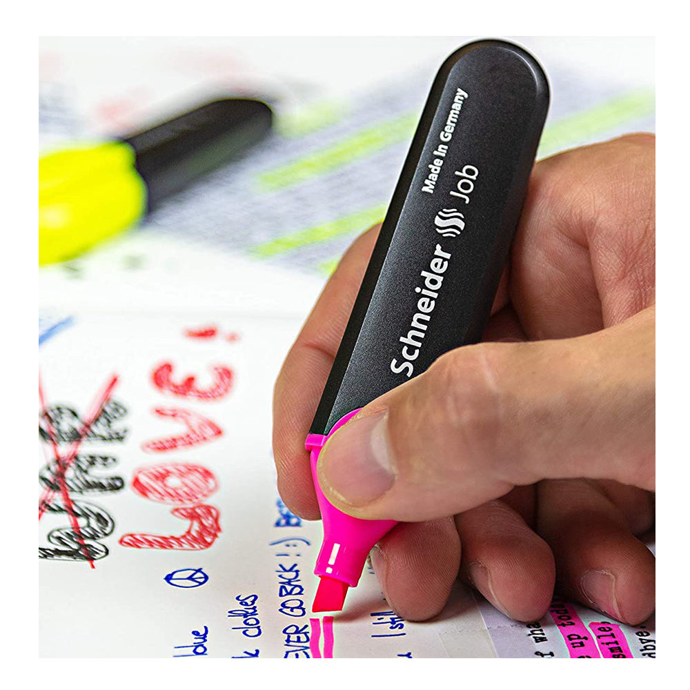 Schneider brand, pack of 6 highlighter colors. Chisel tip for line widths 1+5 mm.  Intensive colours, light-resistant ink. Cap with practical clip. Awarded the iF and reddot design award. Highlighter colors: yellow, orange, pink, red, green, blue. Made in Germany.