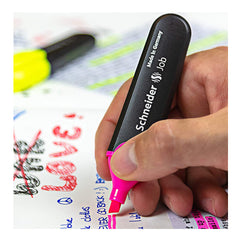 Schneider brand, pack of 6 highlighter colors. Chisel tip for line widths 1+5 mm.  Intensive colours, light-resistant ink. Cap with practical clip. Awarded the iF and reddot design award. Highlighter colors: yellow, orange, pink, red, green, blue. Made in Germany.