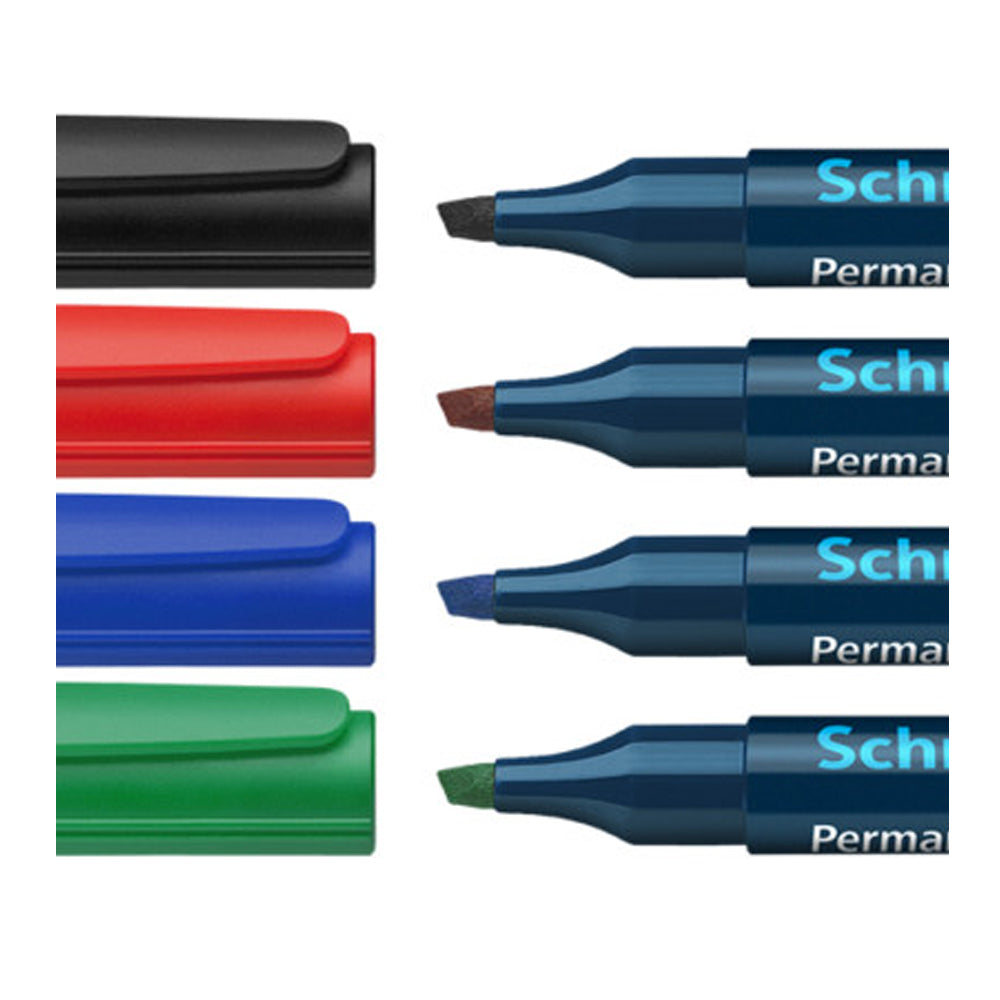Schneider brand. A permanent marker. can be used on almost all materials: paper, plastic, glass, metal, cardboard . A set of 4 strong vibrant colors that you can read easily. It dries quickly. marker with a 1-4 mm line width. eco friendly. safe for kids. The set includes: black, green, blue and red. Made in Germany.