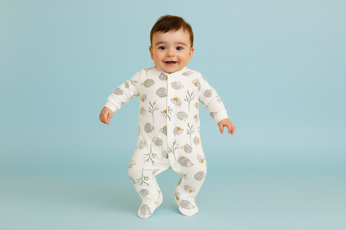 Albimini Overall Hedgehog Patterned Front Open Booties White Albimini