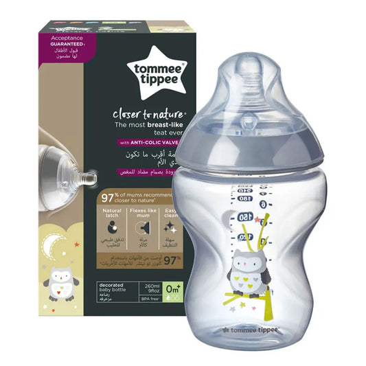 Tommee Tippee Closer to Nature Easi-Vent Decorative Grey Bottle Feeding, ( 260ml ) - Pack of 1 - Owl Tommee Tippee