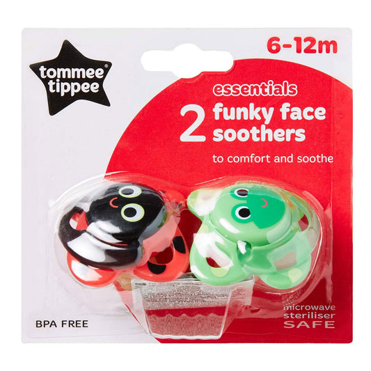 Tommee Tippee Essentials Funky Face Soother,  Assorted colors, (6-12 Months) , Pack of 2