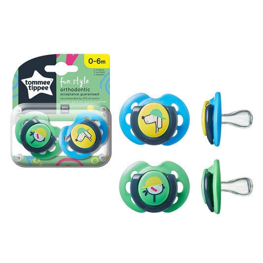 Tommee Tippee Fun Style Soothers - Pack of 2 - Green & Yellow (0-6 Months)