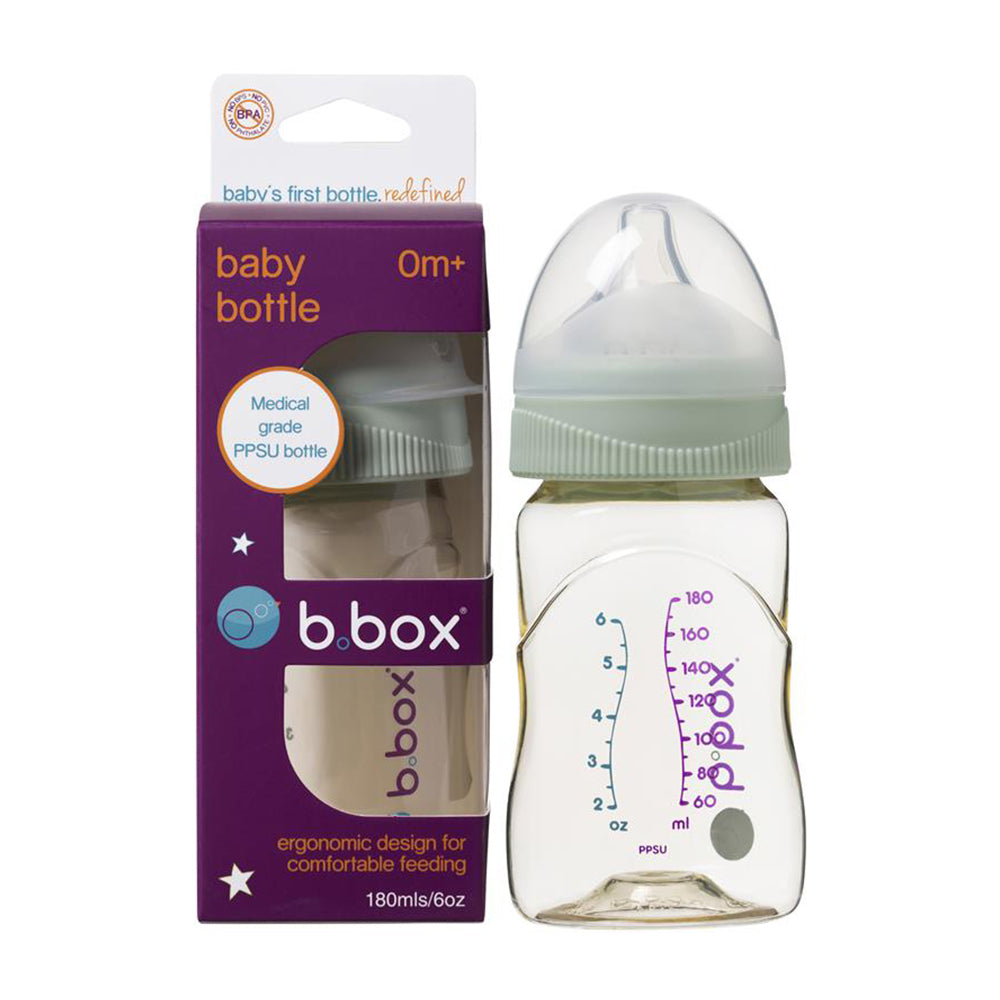 B.Box PPSU Baby Bottle Sage, Size 180ml   baby bottle from B.box is made from a long lasting medical grade PPSU to maintain a high quality with regular use. It has an anti-colic silicone nipple that helps to ensure a natural feeding. Comes with a stage 1 nipple recommended for babies between 0 to 2 months. 