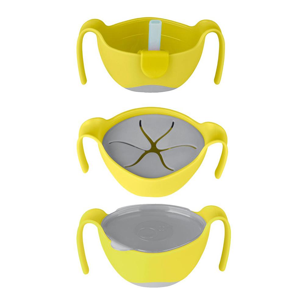 A set of three yellow B.Box baby bowls and straws with a lemon sherbet design, made from plastic and designed for babies.