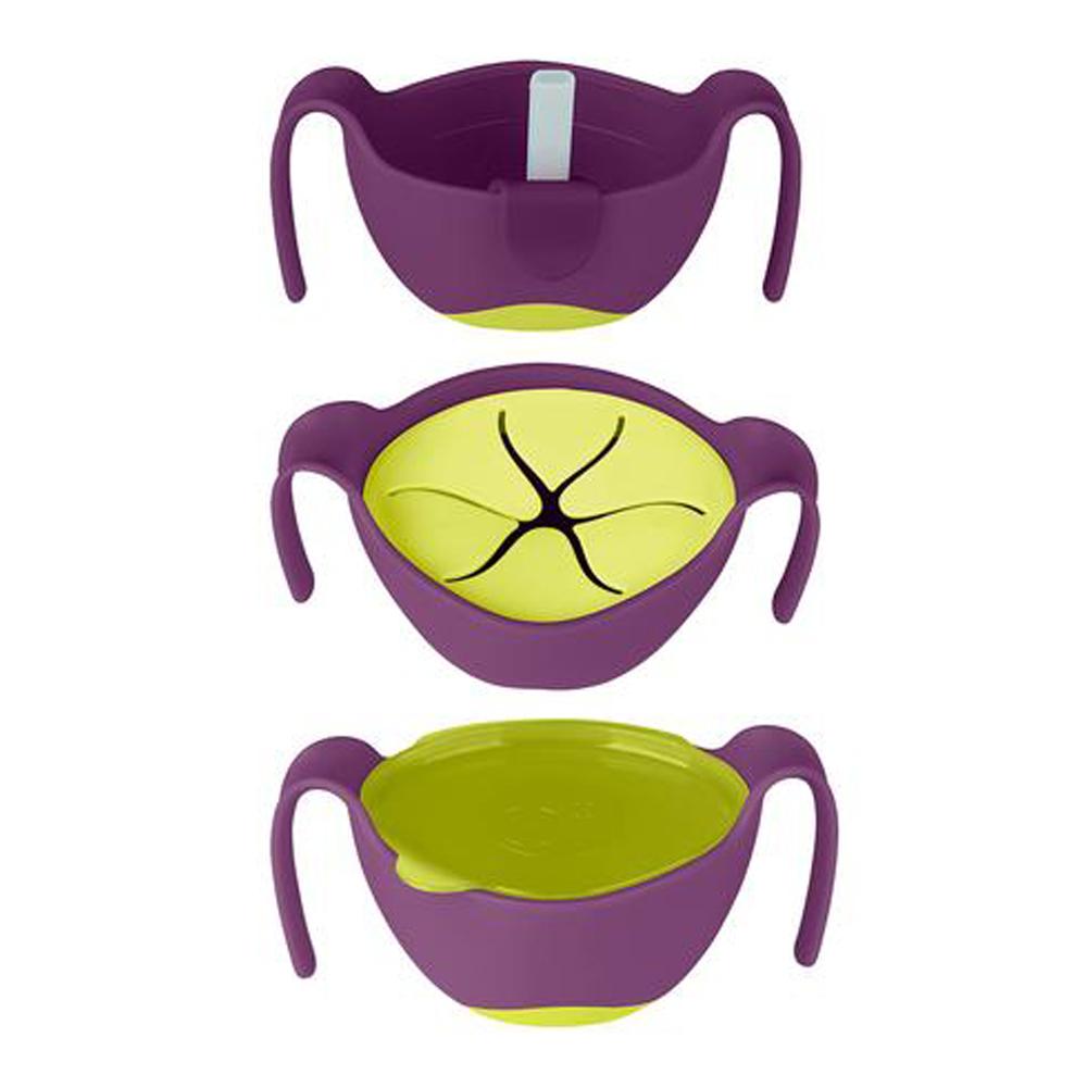 A set of three B.Box baby bowls and straws in purple and green colors, with one large bowl and two smaller bowls, each with a matching straw.