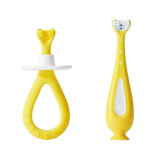 Frida Baby Grow-with-Me Training Toothbrush Set | Infant to Toddler Toothbrush - 6 Months+ - Yellow FridaBaby