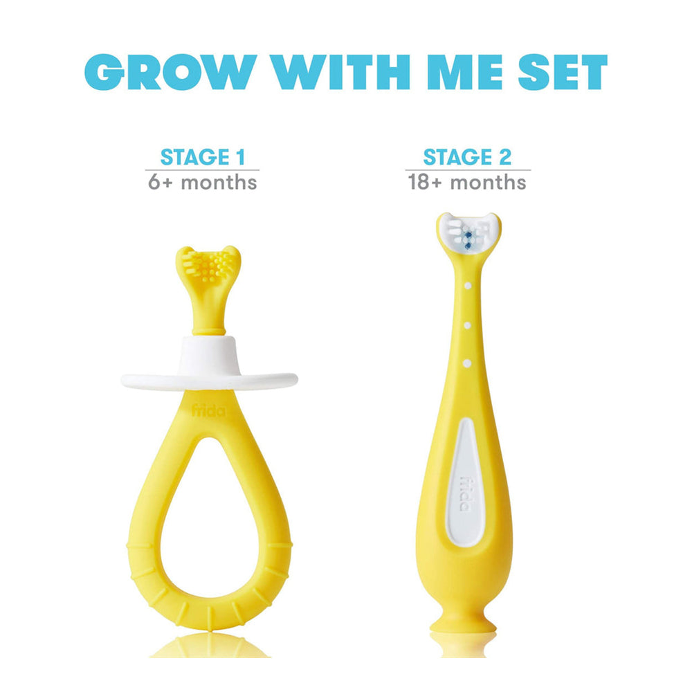 Frida Baby Grow-with-Me Training Toothbrush Set | Infant to Toddler Toothbrush - 6 Months+ - Yellow