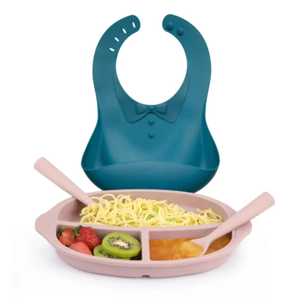 Haakaa Silicone Kids Dinnerware Set - Cobalt Bib and Blush Plate Haakaa