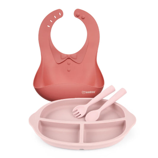 Haakaa Silicone Kids Dinnerware Set - Ruby Bib and Blush Plate