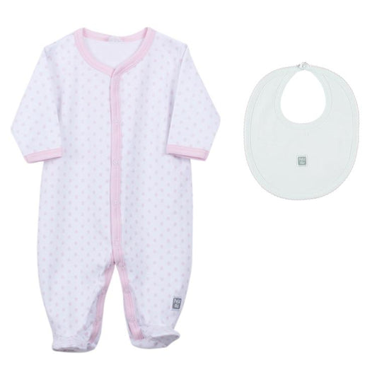 Petit Oh! Pima Cotton 2-Piece Pink Dotted Pyjama and a plain bib Set - Mama's First