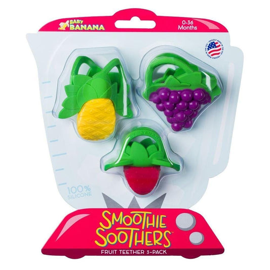 The Smoothies teethers from Baby Banana are easy to grasp. Teethers to soothe sore teething gums. Suitable for children from 0 to 36 months. Made in the USA from food grade silicone. Free from BPA, Latex and phthalate. Safe in the dishwasher and the freezer.