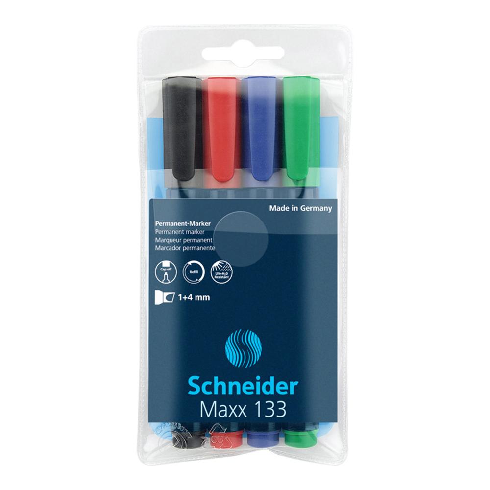 Schneider brand. A permanent marker. can be used on almost all materials: paper, plastic, glass, metal, cardboard . A set of 4 strong vibrant colors that you can read easily. It dries quickly. marker with a 1-4 mm line width. eco friendly. safe for kids. The set includes: black, green, blue and red. Made in Germany.