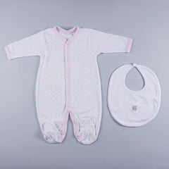 Petit Oh! Pima Cotton 2-Piece Pink Dotted Pyjama and a plain bib Set - Mama's First