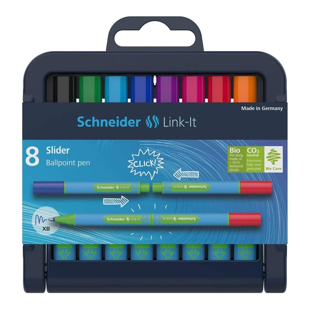 Schneider brand.EDGE LINK-IT Ballpoint Pen smooth and gliding writing. A set of 8 vibrant colors. The ink dries quickly even on a smooth paper, and it is suitable for drawing and painting. Your kids can use it in a relaxed way and does not cause any hand fatigue. Waterproof.