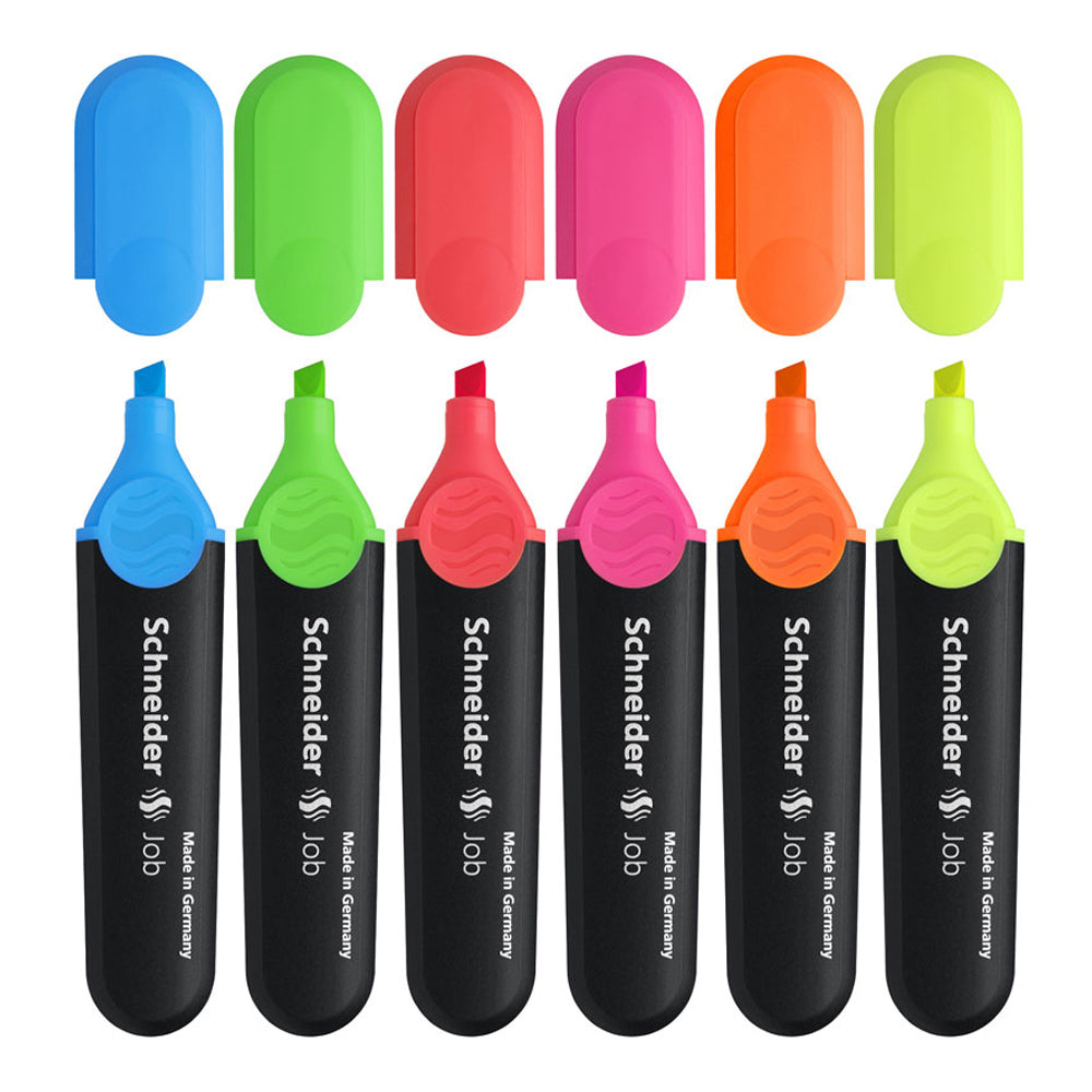 Schneider brand, pack of 6 highlighter colors. Chisel tip for line widths 1+5 mm.  Intensive colours, light-resistant ink. Cap with practical clip. Awarded the iF and reddot design award. Highlighter colors: yellow, orange, pink, red, green, blue. Made in Germany.