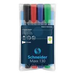 Schneider Brand. marker can be used on almost all materials: paper, plastic, glass, metal, cardboard . A set of 4 strong vibrant colors. It dries quickly. A bullet tip marker with a 1-3mm line width.  eco friendly. safe for kids. The set includes: black, green, blue and red. 
